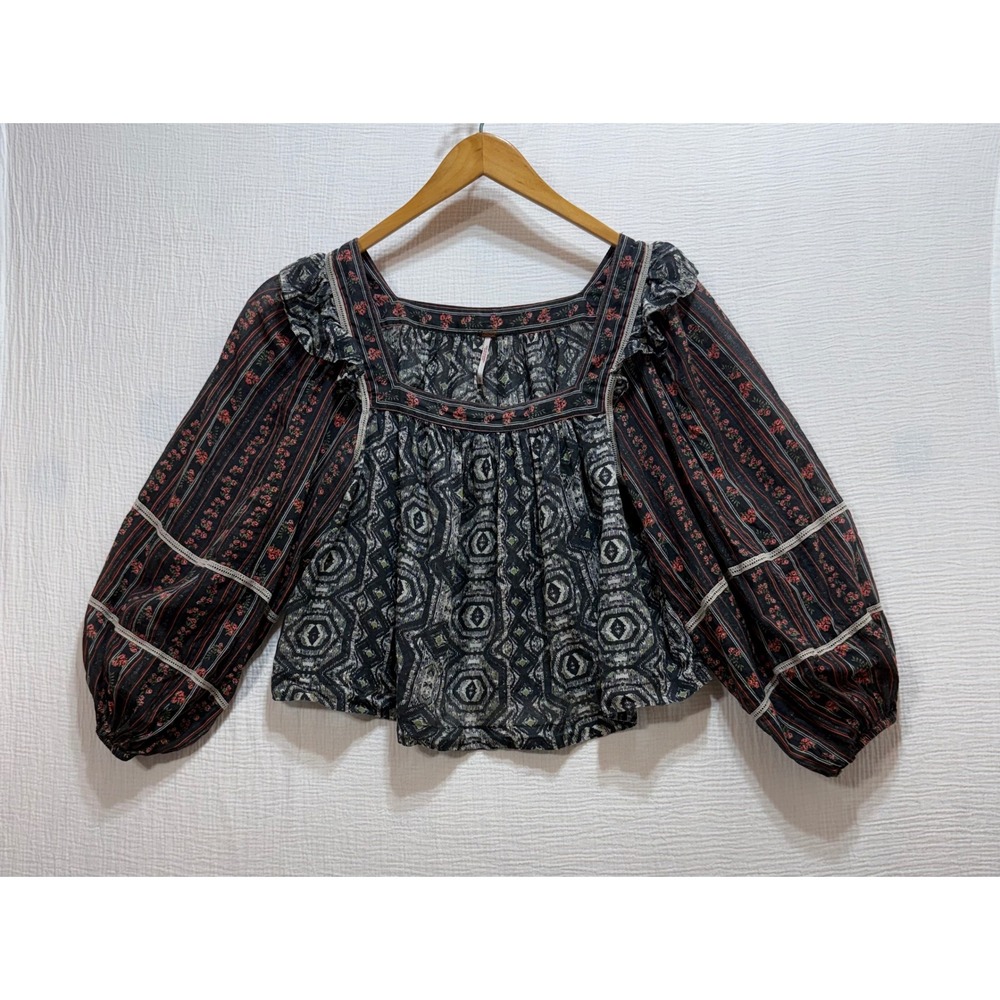 Free People Mostly Meadow Womens XS Black Mixed Print Balloon Sleeve Boho Ethnic